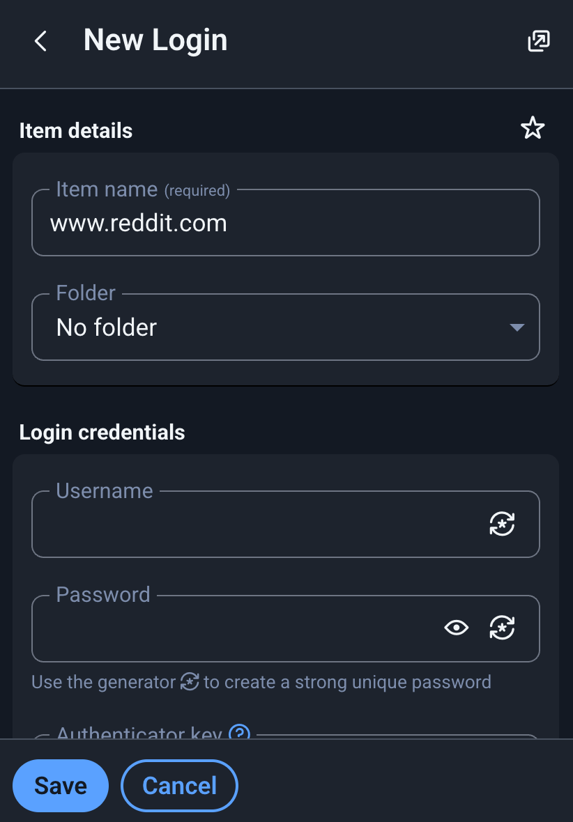 Bitwarden Login tab